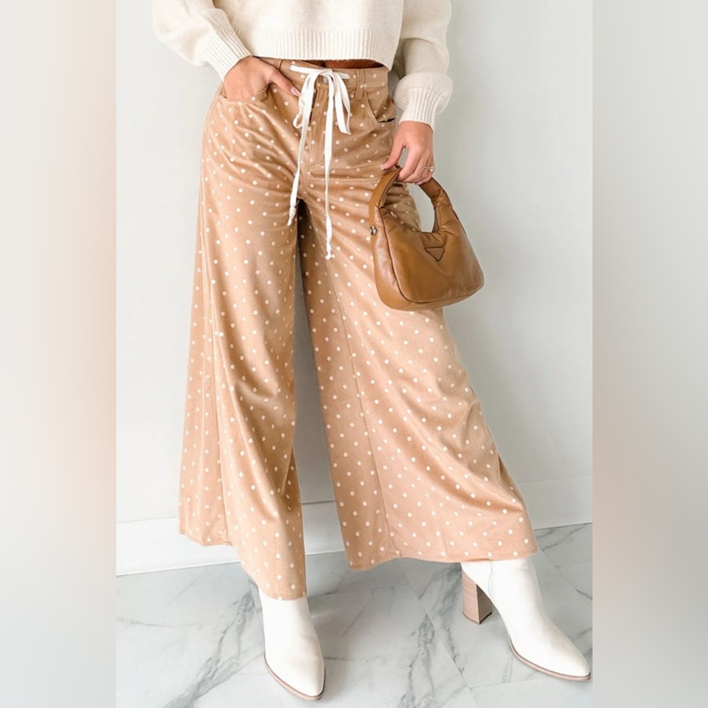 Emilia- Tan Polka Dot Wide-Leg Pants - Picture 2 of 6
